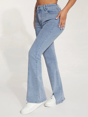 PETITE High Waist Slit Hem Boot-cut Leg Jeans