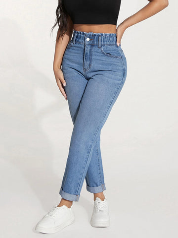 PETITE Paperbag Waist Roll Up Hem Mom Fit Jeans