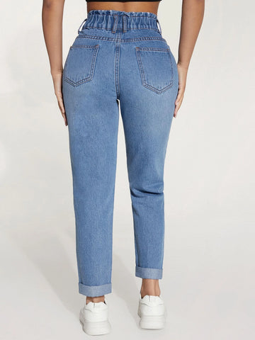 PETITE Paperbag Waist Roll Up Hem Mom Fit Jeans