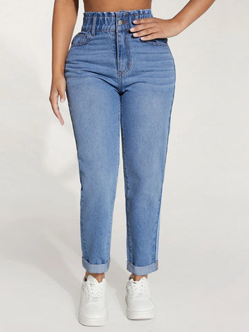 PETITE Paperbag Waist Roll Up Hem Mom Fit Jeans