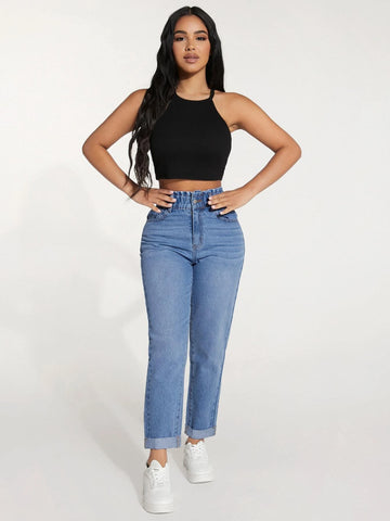 PETITE Paperbag Waist Roll Up Hem Mom Fit Jeans