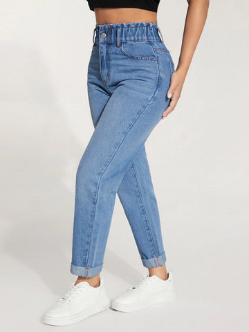 PETITE Paperbag Waist Roll Up Hem Mom Fit Jeans