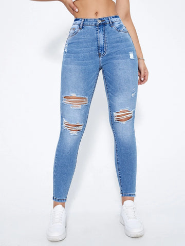 Ripped Moustache Effect Skinny Jeans
