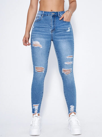 High Waist Ripped Moustache Effect Skinny Jeans