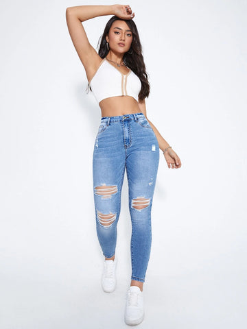 Ripped Moustache Effect Skinny Jeans