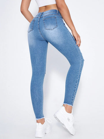 High Waist Ripped Moustache Effect Skinny Jeans