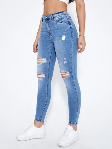 Ripped Moustache Effect Skinny Jeans