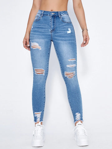High Waist Ripped Moustache Effect Skinny Jeans