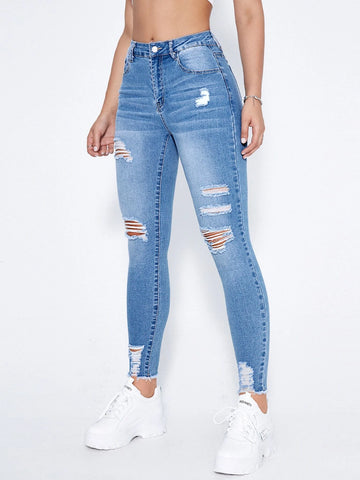 High Waist Ripped Moustache Effect Skinny Jeans