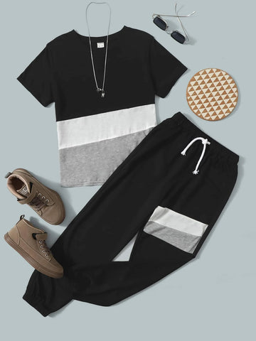 Boys Color Block Tee & Drawstring Waist Sweatpants