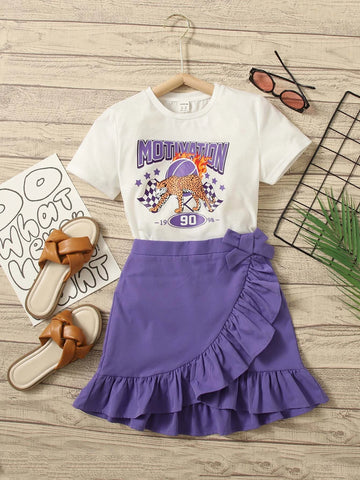 Girls Letter & Leopard Print Tee & Ruffle Trim Tie Side Wrap Skirt
