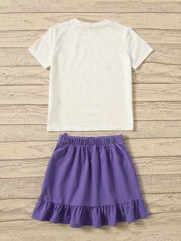 Girls Letter & Leopard Print Tee & Ruffle Trim Tie Side Wrap Skirt
