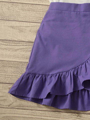 Girls Letter & Leopard Print Tee & Ruffle Trim Tie Side Wrap Skirt