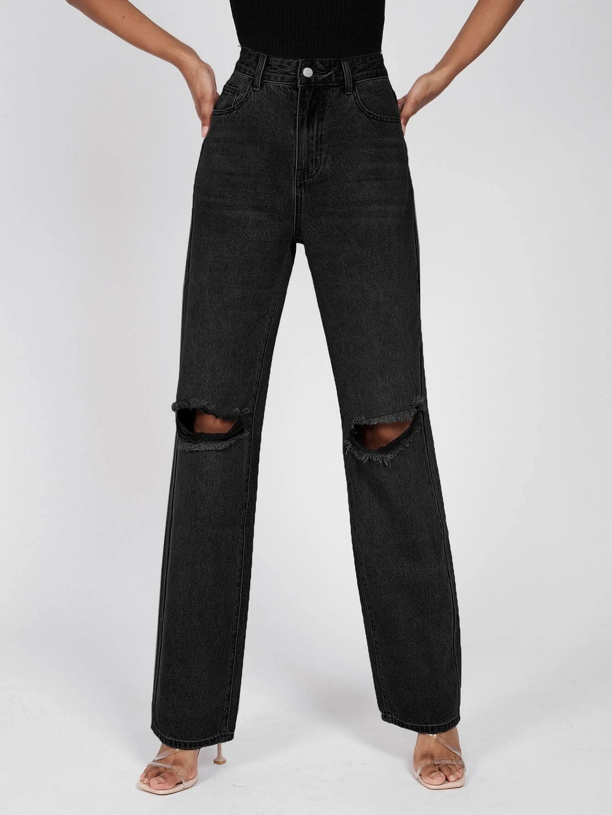 Tall High Waist Ripped Frayed Straight Leg Jeans