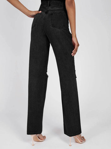 Tall High Waist Ripped Frayed Straight Leg Jeans