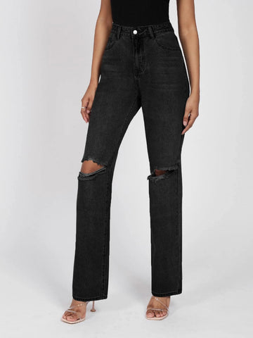 Tall High Waist Ripped Frayed Straight Leg Jeans