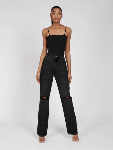 Tall High Waist Ripped Frayed Straight Leg Jeans