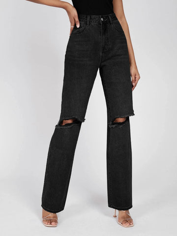 Tall High Waist Ripped Frayed Straight Leg Jeans