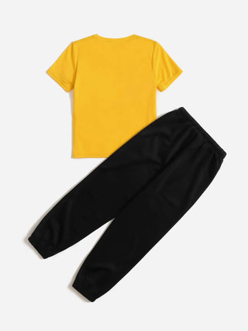 Boys Slogan Graphic Tee & Drawstring Waist Sweatpants