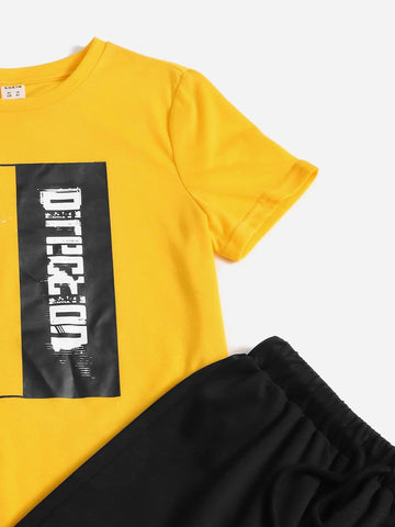 Boys Slogan Graphic Tee & Drawstring Waist Sweatpants