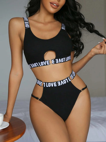 Letter Tape Panel Ring Linked Cut Out Lingerie Set