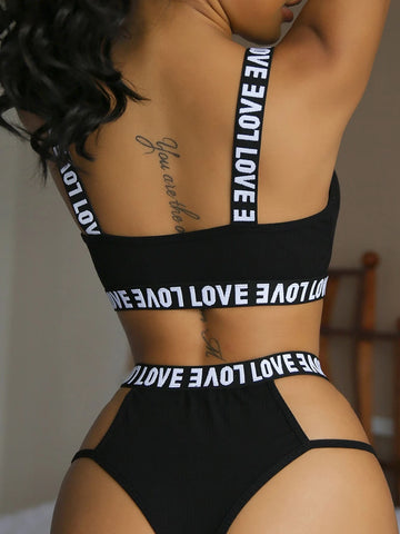 Letter Tape Panel Ring Linked Cut Out Lingerie Set