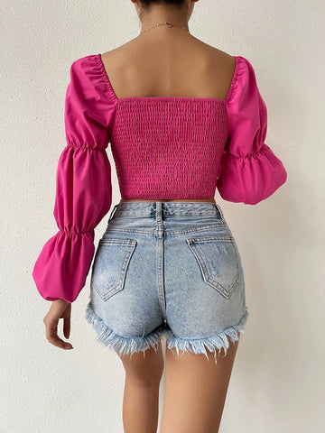 Shirred Back Sweetheart Neck Gathered Sleeve Bandana Hem Crop Blouse