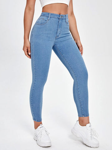 PETITE Solid Zipper Fly Skinny Jeans