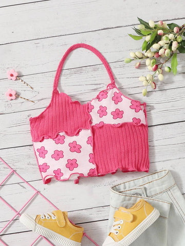 Baby Floral Print Two Tone Lettuce Trim Halter Top