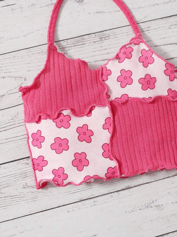 Baby Floral Print Two Tone Lettuce Trim Halter Top
