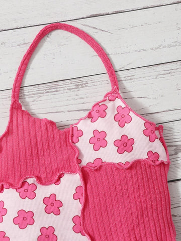Baby Floral Print Two Tone Lettuce Trim Halter Top