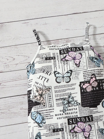 Baby Butterfly & Slogan Graphic Lettuce Trim Cami Romper
