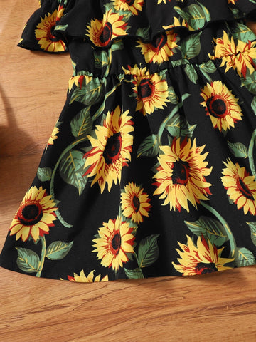 Baby Sunflower Print Cold Shoulder Ruffle Trim Dress