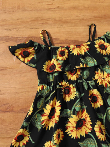 Baby Sunflower Print Cold Shoulder Ruffle Trim Dress