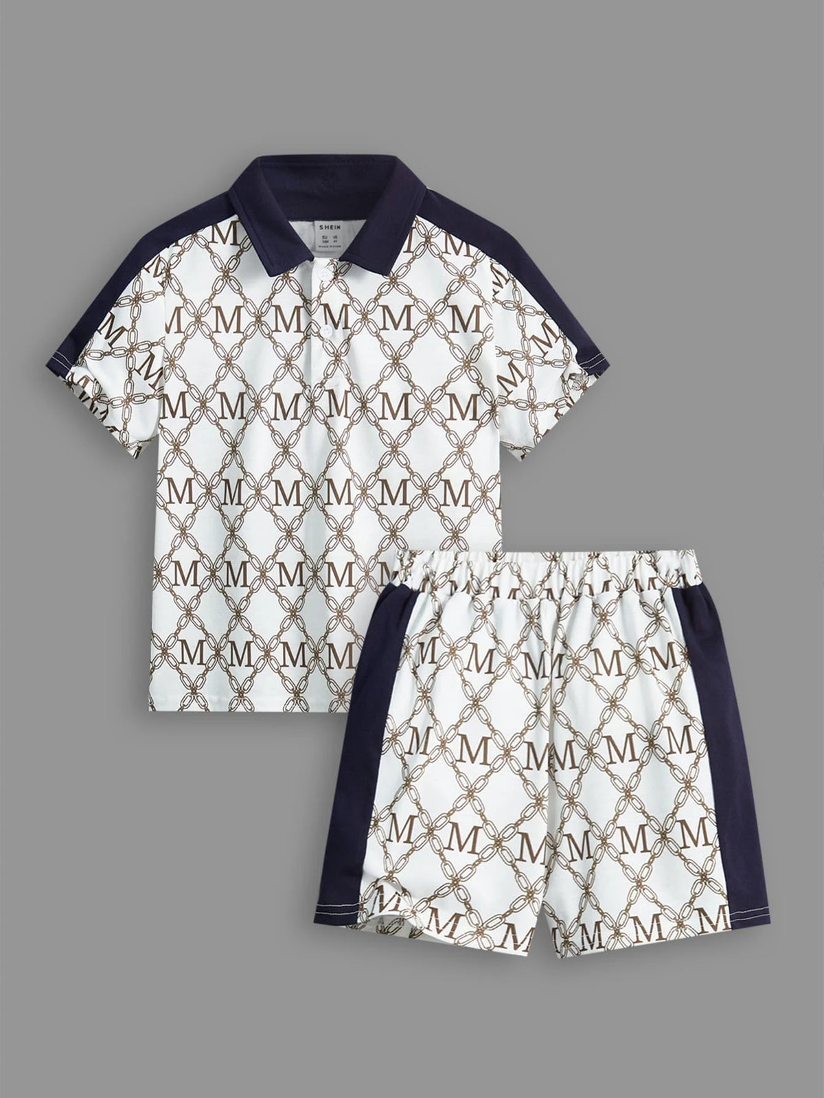 Toddler Boys Letter & Chain Print Contrast Collar Polo Shirt & Shorts