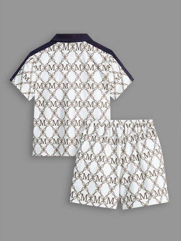 Toddler Boys Letter & Chain Print Contrast Collar Polo Shirt & Shorts