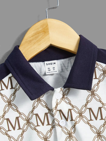 Toddler Boys Letter & Chain Print Contrast Collar Polo Shirt & Shorts