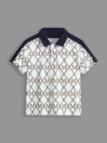 Toddler Boys Letter & Chain Print Contrast Collar Polo Shirt & Shorts