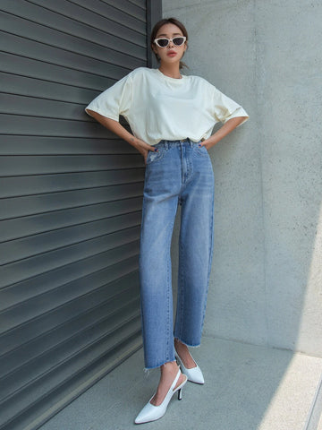 DAZY High Waist Frayed Trim Straight Leg Jeans