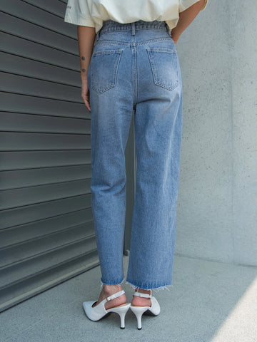 DAZY High Waist Frayed Trim Straight Leg Jeans