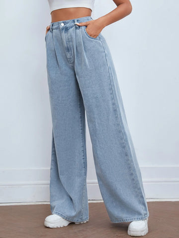 Pleated Detail Wide Leg Jeans