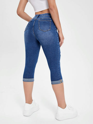 High Waist Ripped Roll Up Hem Capri Skinny Jeans