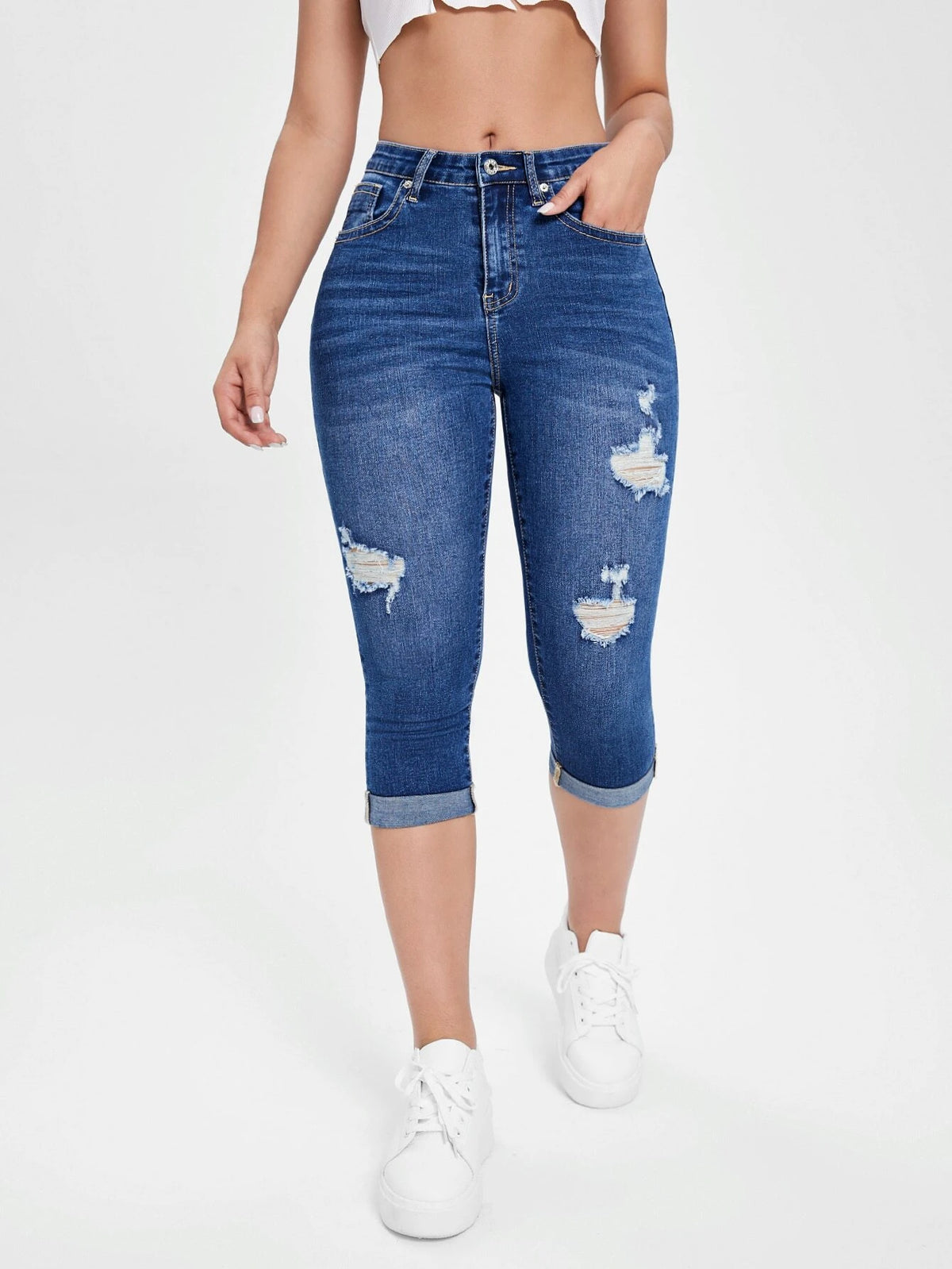High Waist Ripped Roll Up Hem Capri Skinny Jeans