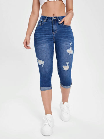 High Waist Ripped Roll Up Hem Capri Skinny Jeans