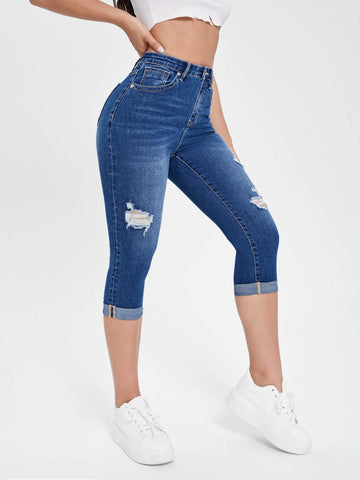 High Waist Ripped Roll Up Hem Capri Skinny Jeans
