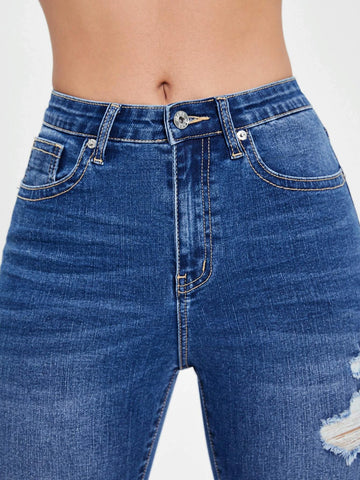 High Waist Ripped Roll Up Hem Capri Skinny Jeans