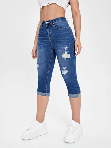 High Waist Ripped Roll Up Hem Capri Skinny Jeans