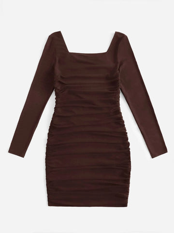 Teen Girls Square Neck Ruched Side Fitted Dress