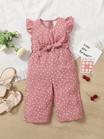Baby Polka Dot Ruffle Sleeve Belted Jumpsuit