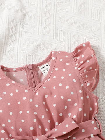 Baby Polka Dot Ruffle Sleeve Belted Jumpsuit